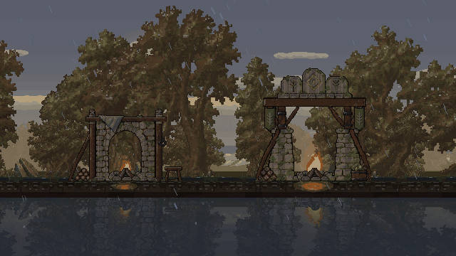 Rain falls around the Stone Hearth and Soulforge, with wet surfaces and edge runoff.