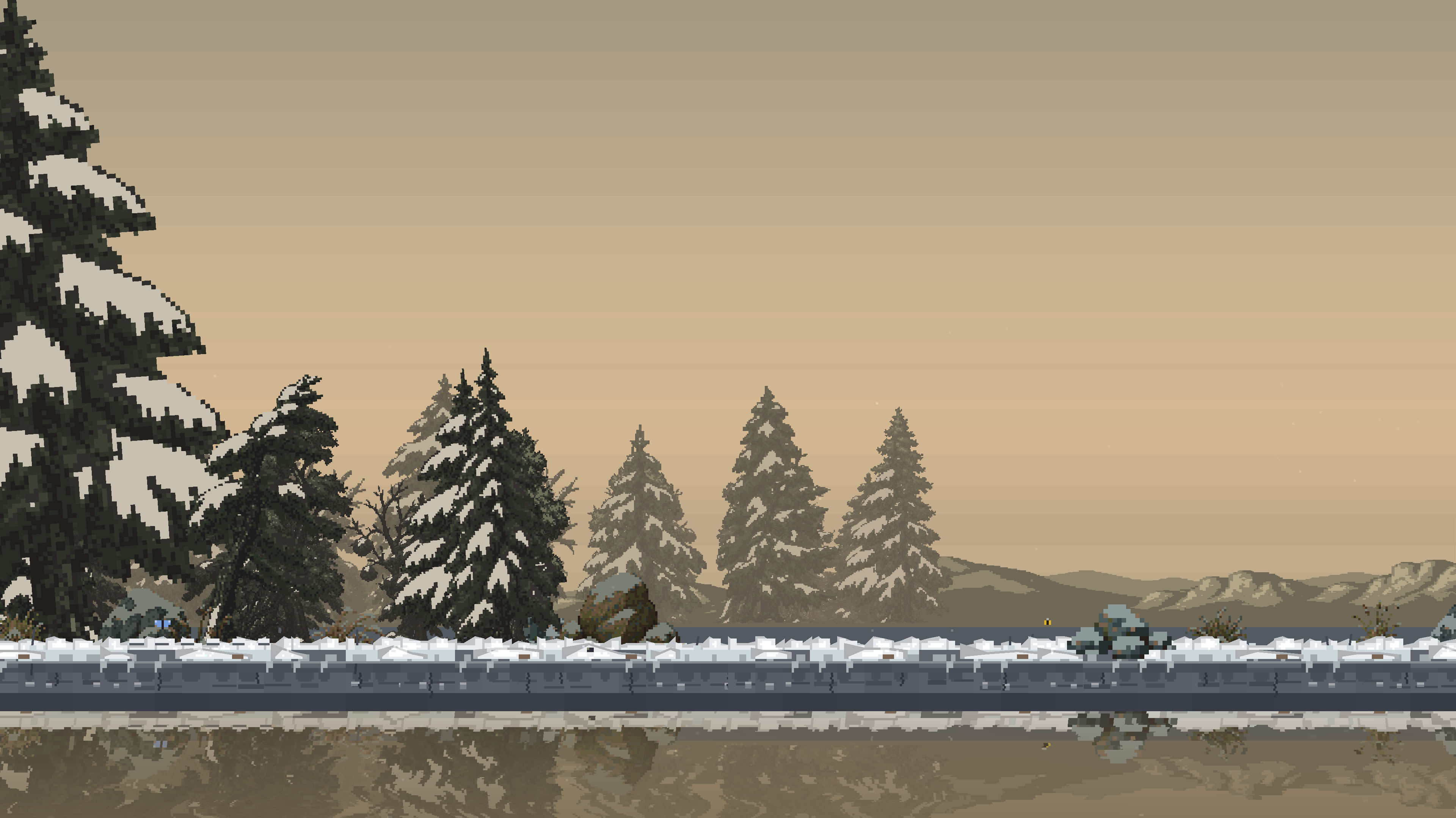 Winter biome by day, showing snow and dark tree silhouettes.