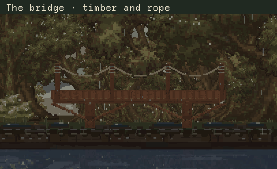 The redrawn timber and rope bridge in a contextual woodland art review, alternating between rainy day and night.