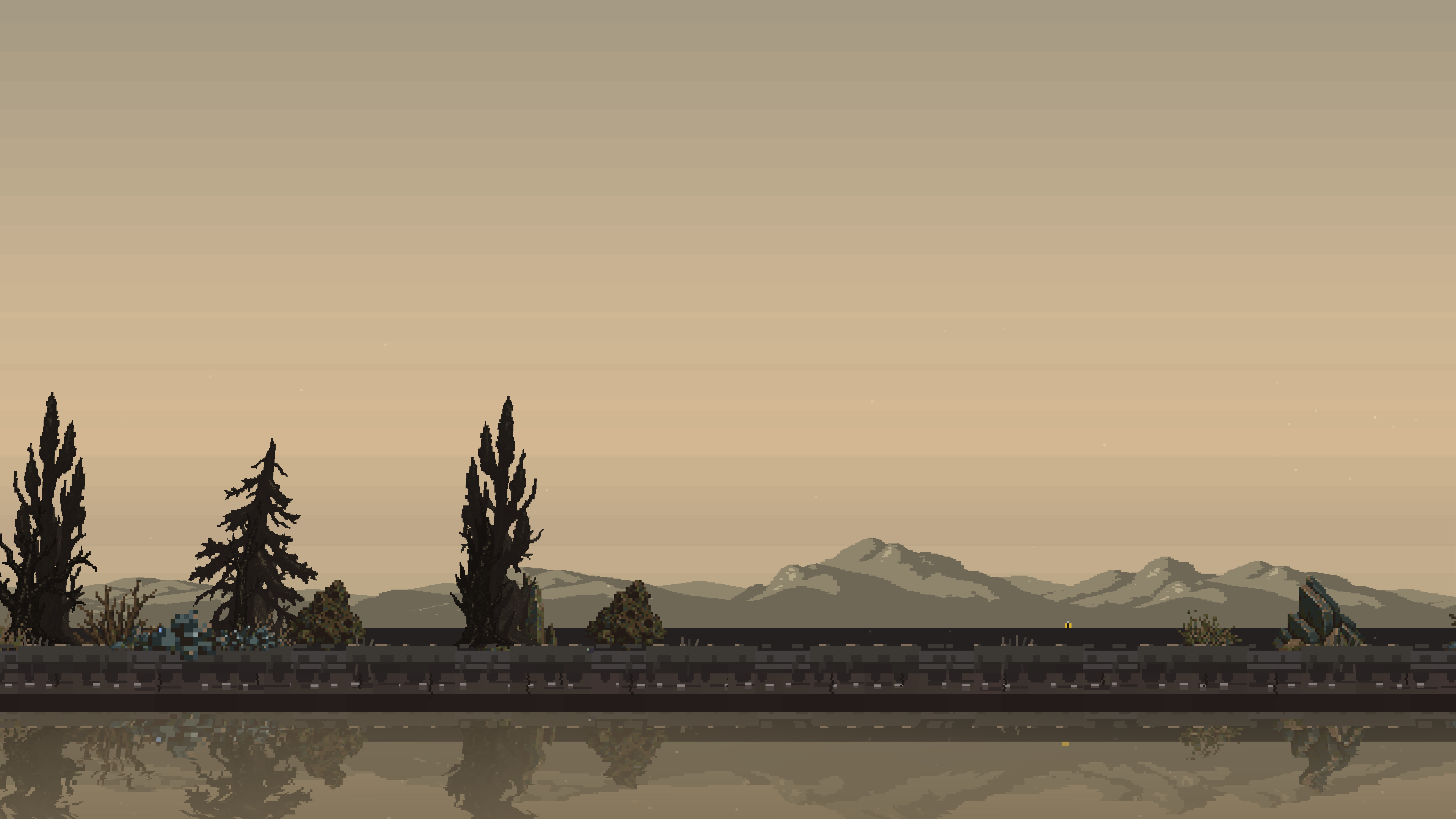 Volcanic biome by day, with dark ground and scorched vegetation.