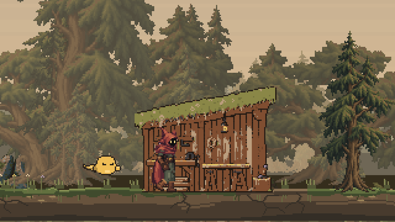 The red-cloaked wanderer and a golden wisp beside a timber builder hut in the forest.