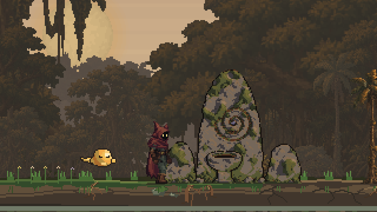 The wanderer changes form beside a carved stone shrine in the jungle, with the golden wisp nearby.