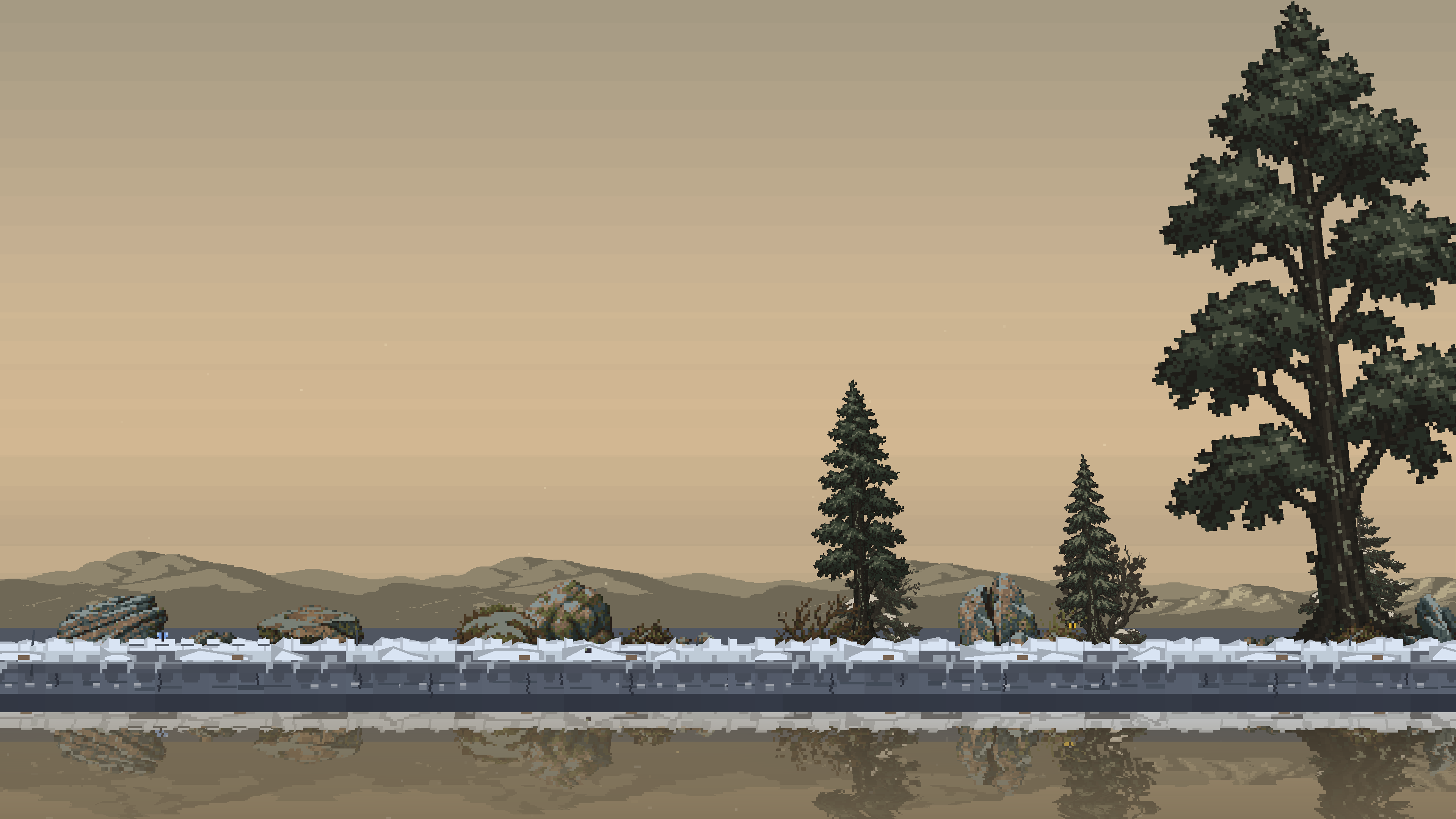 Tundra by day, with its cold ground and sparse tree shapes.