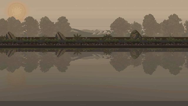 The forest reflection follows an accelerated sun, dusk and moon cycle.