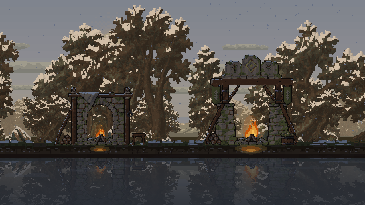 Snowfall around the two hearths.