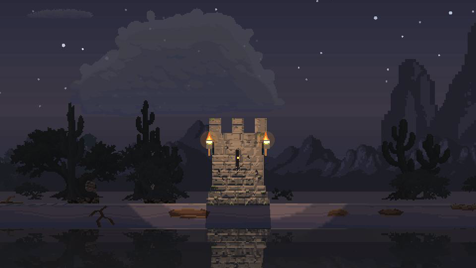 Torches illuminate a runed wall beneath the night sky in the badlands.