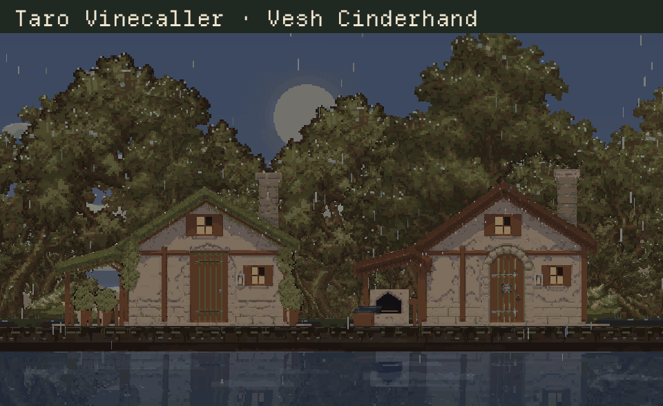 The houses of Taro Vinecaller and Vesh Cinderhand by day, followed by Ysolde Winterlamp and Yula Frostbraid at night.
