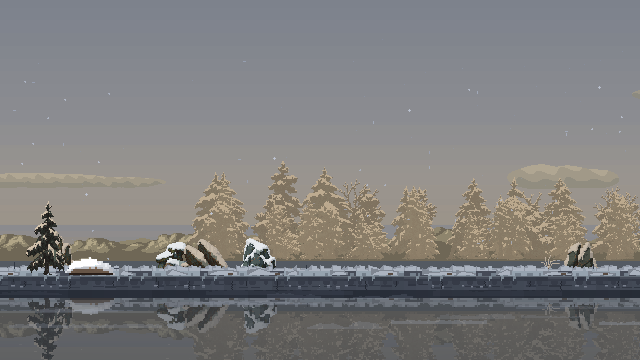 Snowfall over winter trees and low shrubs, with snow resting on exposed branches above the riverbank.
