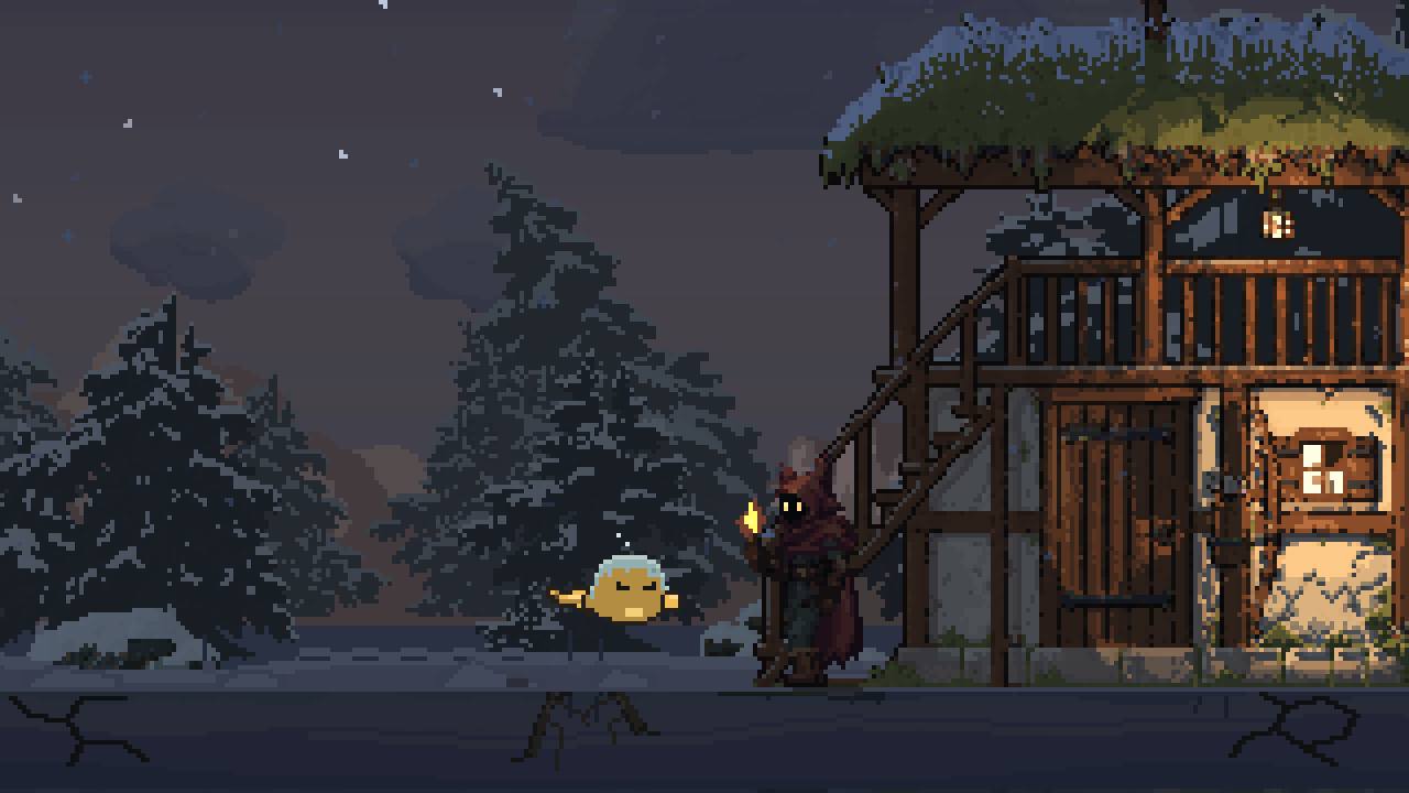 The wanderer carries a small flame beside a lit archer building on a snowy night.
