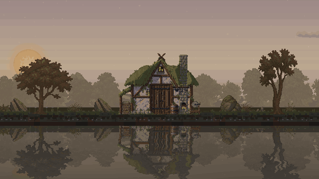 Builder hut, tier two: the completed workshop through a day and night.