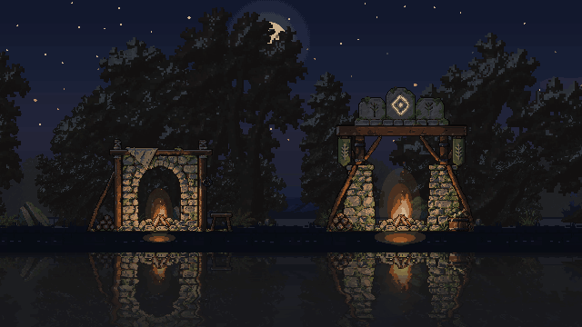 The two hearths at night, with flickering flames, moonlit surfaces and river reflections.