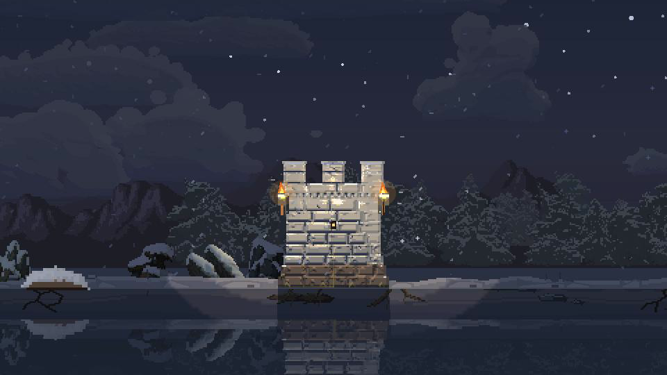 Snow falls around a marble wall and its two torches in the winter woods.