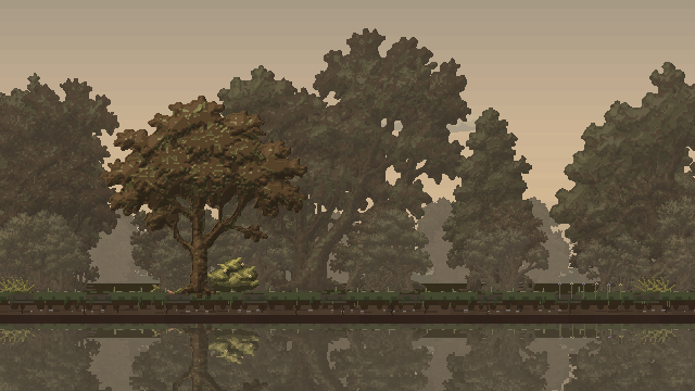Rooted woodland trees and low ferns beside the river, with their crowns moving in a passing breeze.