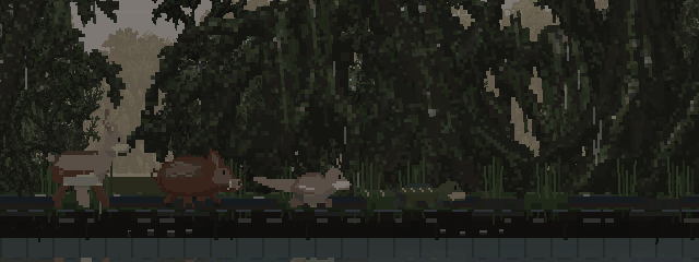 Wetland animals move through a shower beside the settlement.