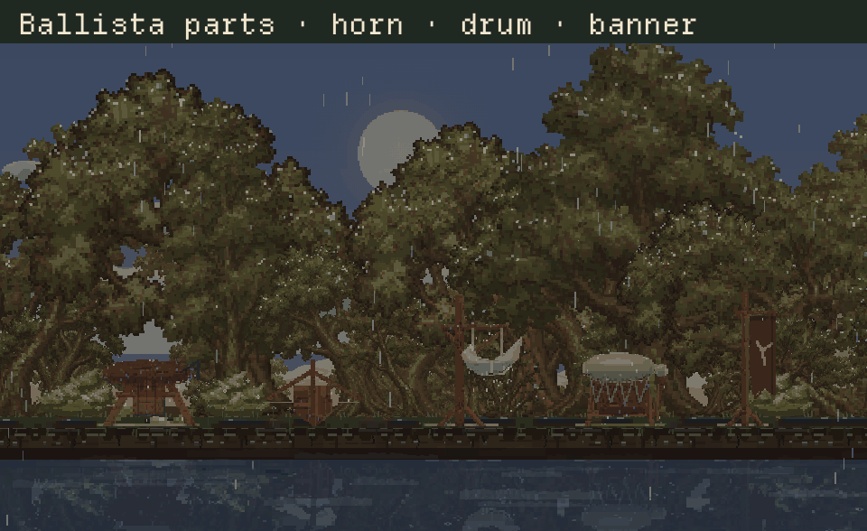Ballista base and bow components, horn post, war drum and banner, followed by the wind-shaped banner state and offering post.