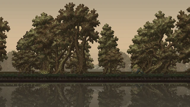 Forest trees pass from calm through a gust and back to calm over 26 seconds.