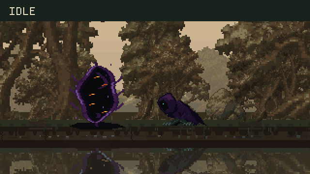 Five labelled Crawler studies beside the rift: idle, attack, hurt, collapse and burn, with a short hold after each reaction.