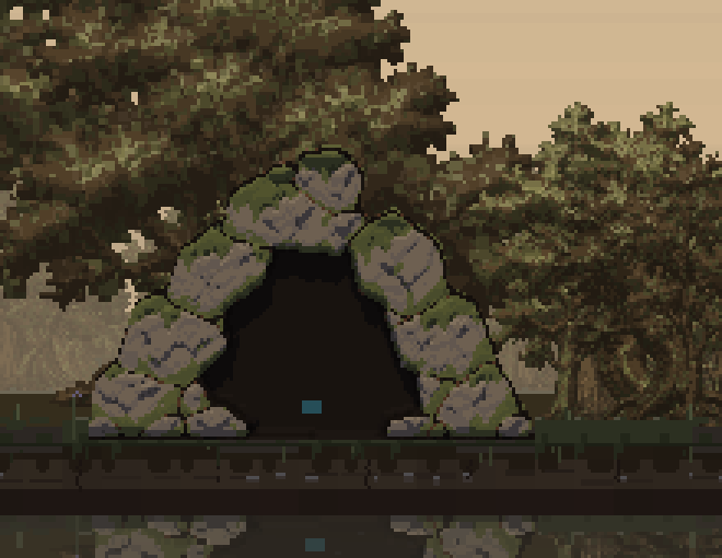 The recreated Cave mouth, with mossed rocks framing the dark opening and a small unclaimed soul glow.