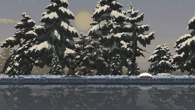 Snow drifts between winter pines as a gust arrives and fades over 26 seconds.