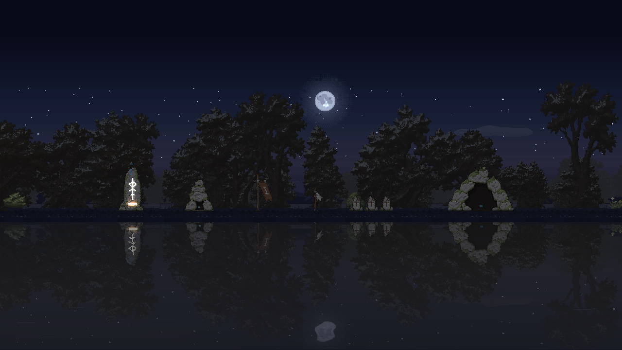The six landmark families together at night in the curated woodland review. The lit Vigil stone stands at the left, with the Cave mouth at the right.