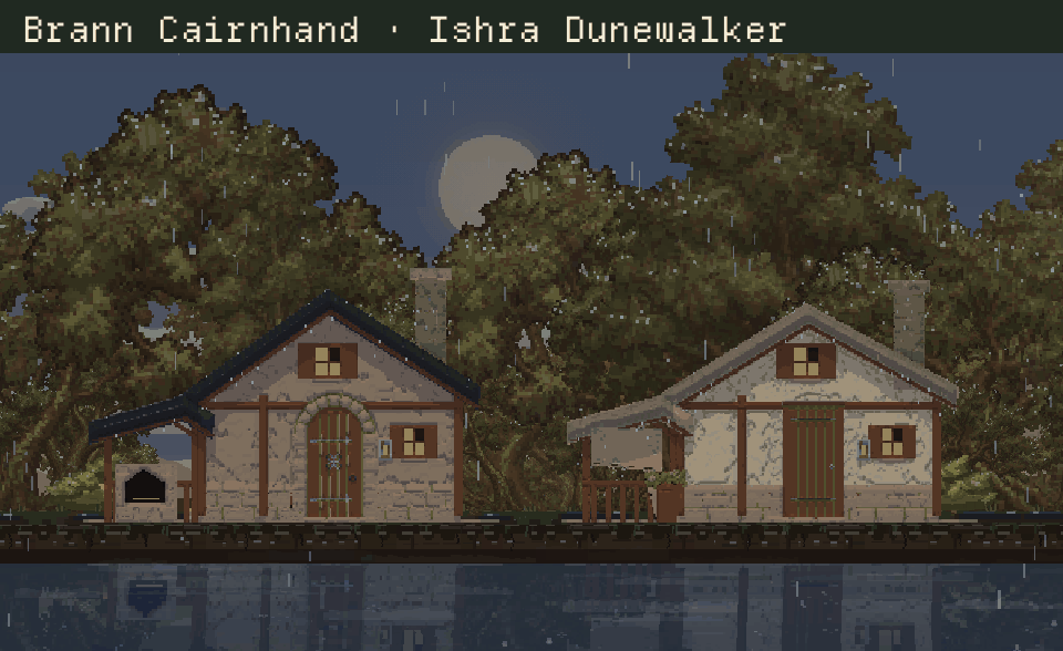 Paired house designs for Brann Cairnhand and Ishra Dunewalker, Korr Redmesa and Maren Quill, then Oren Thistle and Sedge.