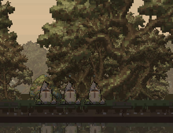 Three recreated Fallen memorial stones and their faint wisps in the woodland review scene.