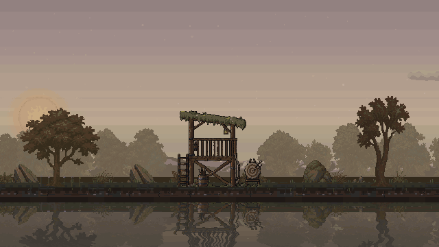 Archer hut, tier one: the completed lookout through a day and night, with trees at ground level.