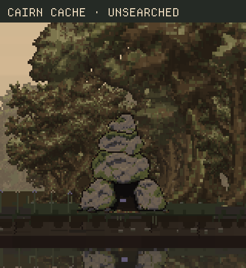 The Cairn cache before searching and after its fragments have been collected. Each state is held for two seconds.