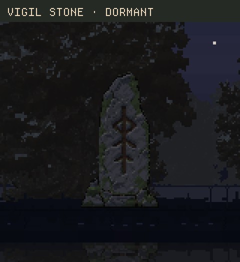 The recreated Vigil stone alternates between its dormant and lit states in the woodland review. Each state is held for two seconds.
