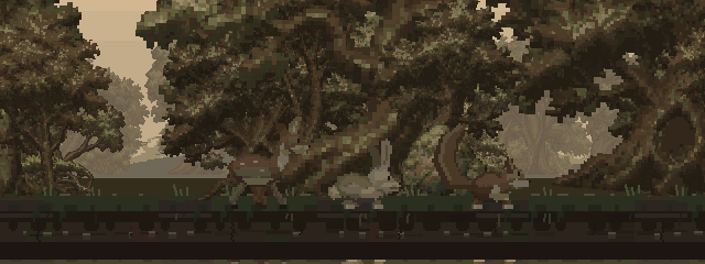 A builder approaches woodland deer, a rabbit and a squirrel, which flee through the trees.