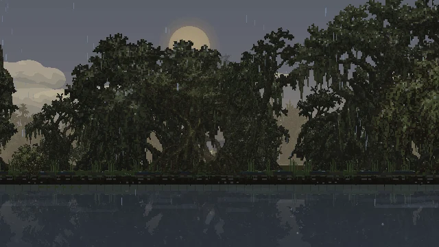 A 26-second shower in the swamp, with passing gusts moving trees and tilting the rain.