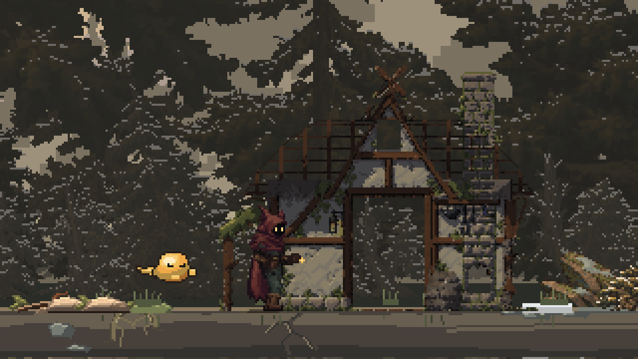 The wanderer offers fragments beside a half-built cottage in a mountain forest.
