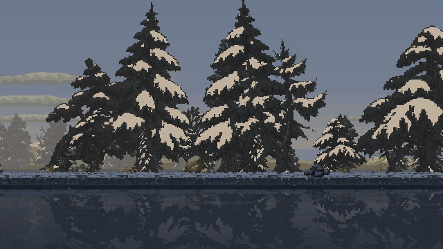 Snowfall over the forest, with snow on tree crowns and the ground. Accumulation is accelerated.