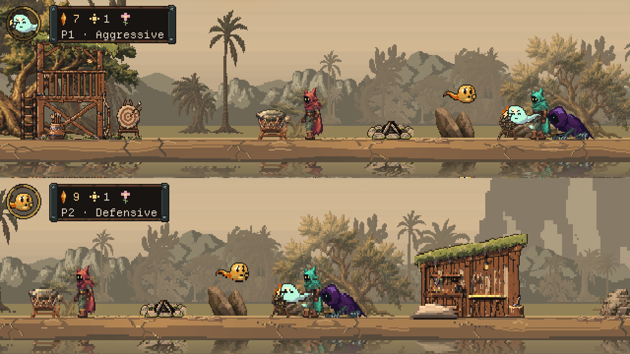 Two players and their pets face a crawler beside a timber building in a horizontal split-screen view.