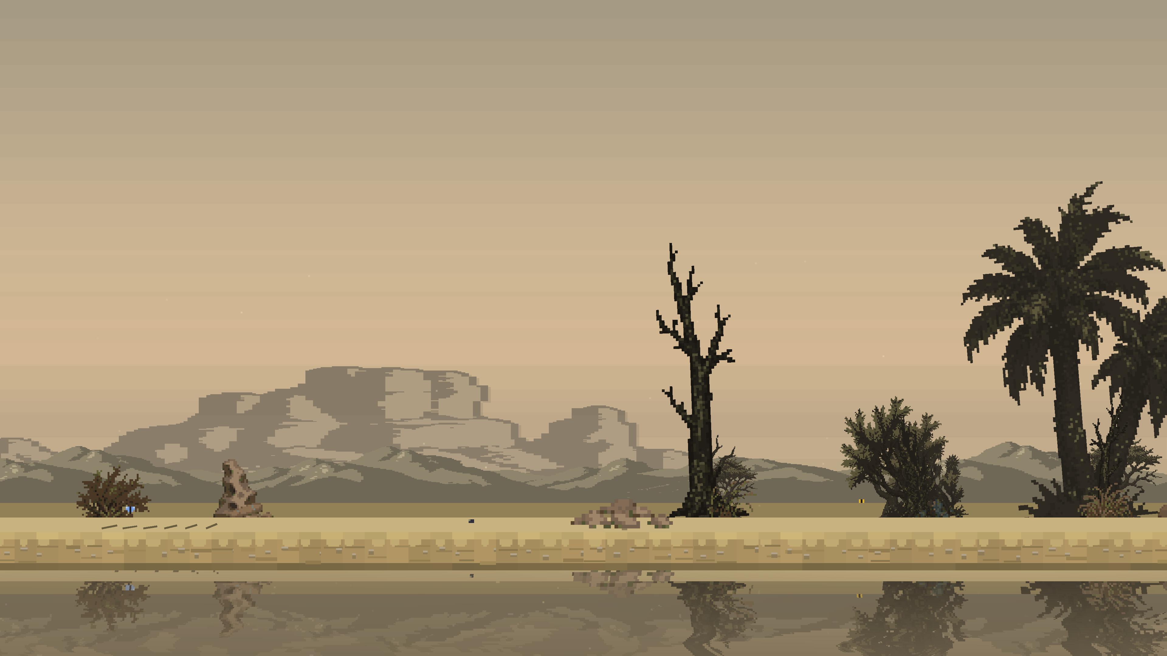 Sand biome by day, with dry vegetation and exposed ground.