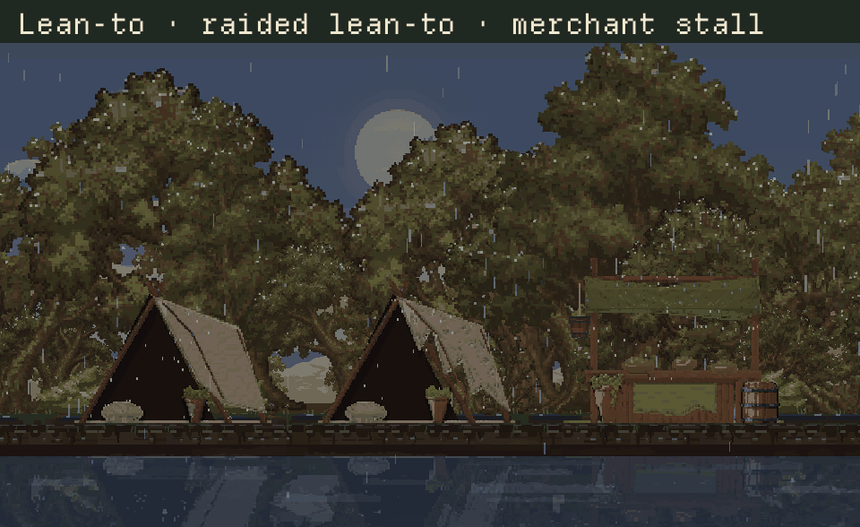The intact lean-to, raided lean-to and merchant stall in a staged woodland scene, by day and after dark.