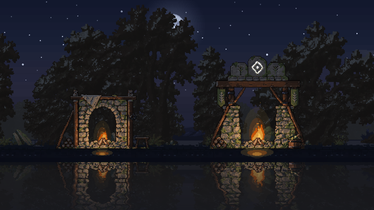 The Stone Hearth and Soulforge in moonlight, with warm flames and reflections in the water.