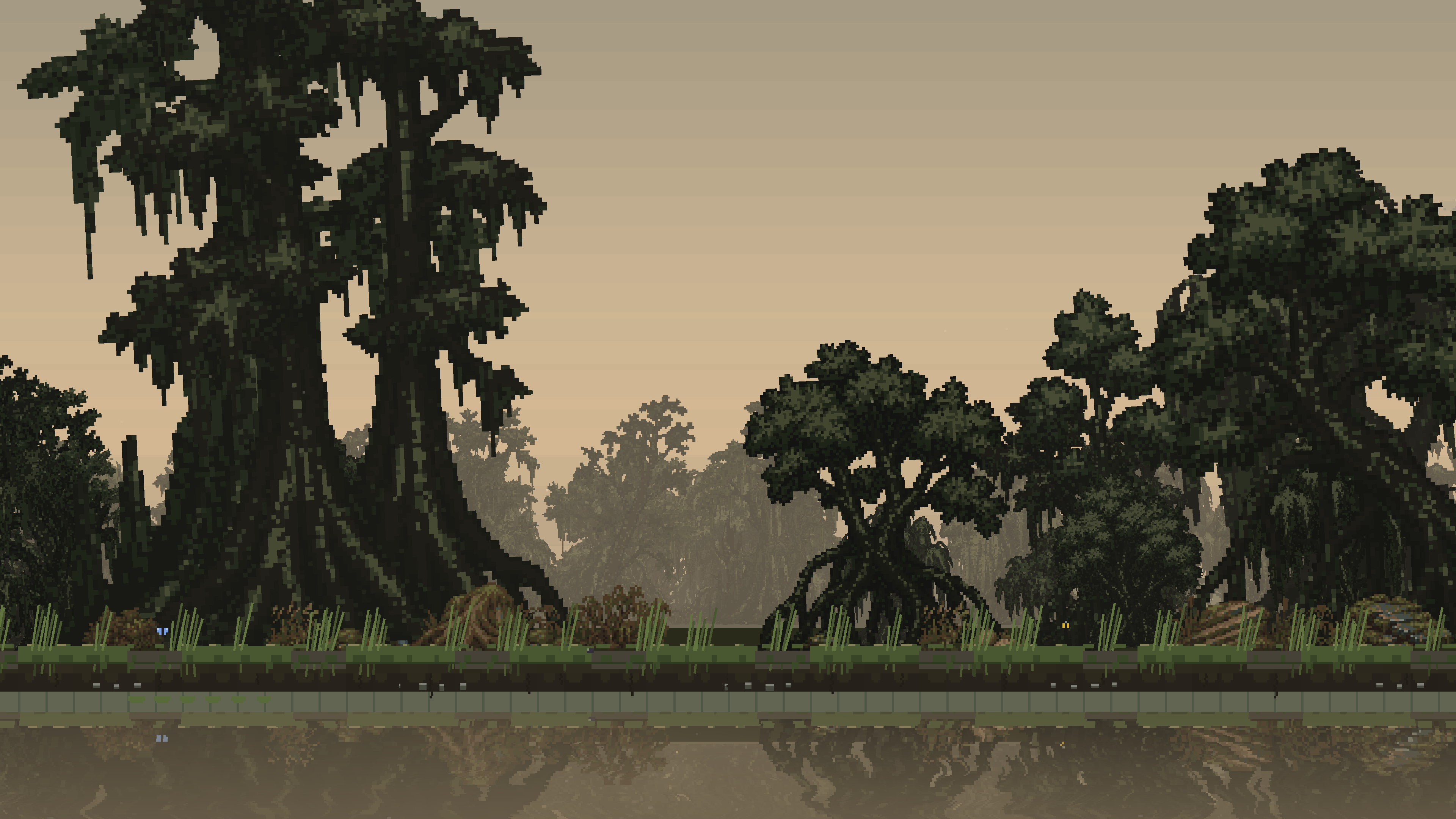 Swamp by day: hanging foliage, roots, reeds and murky water.