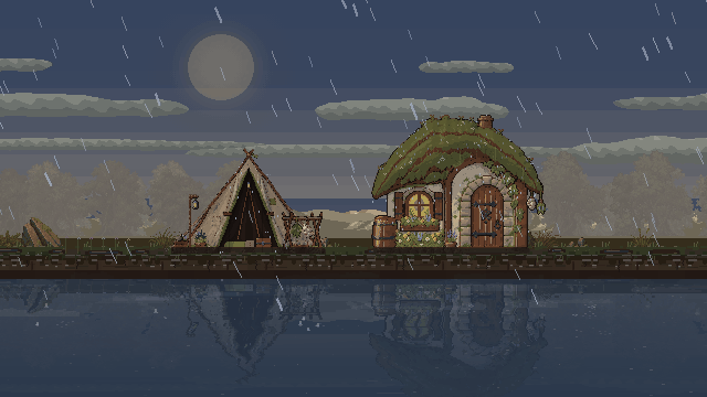 Rain runs over the prototype tent and healer cottage, dripping from their roof edges and splashing below.