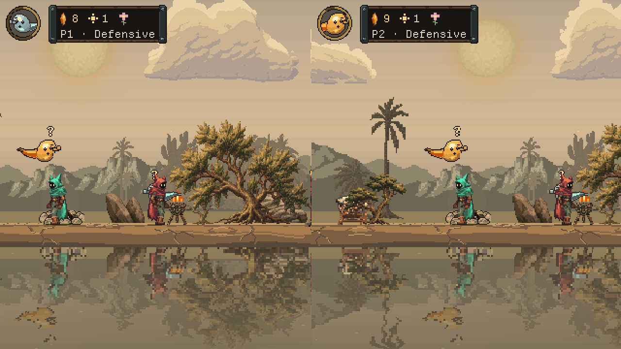 Two wanderers and their wisps share a sandy settlement in a vertical split-screen view.