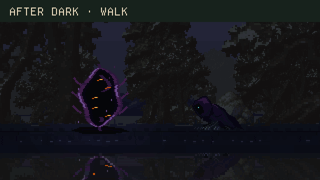 The same staged crawl and fast retreat after dark, with a glowing violet rift and a small cyan eye against the dim forest.