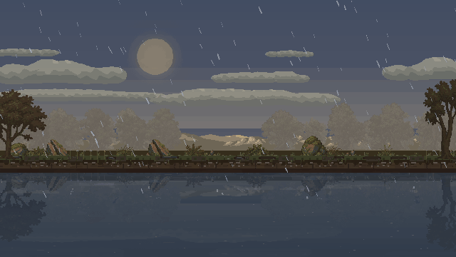 The three builder hut tiers assemble through rain and snow, with wet roofs, runoff and settling snow.