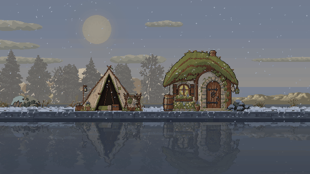 The prototype tent and healer cottage during snowfall, with pale roof-edge caps and snow on the ground.