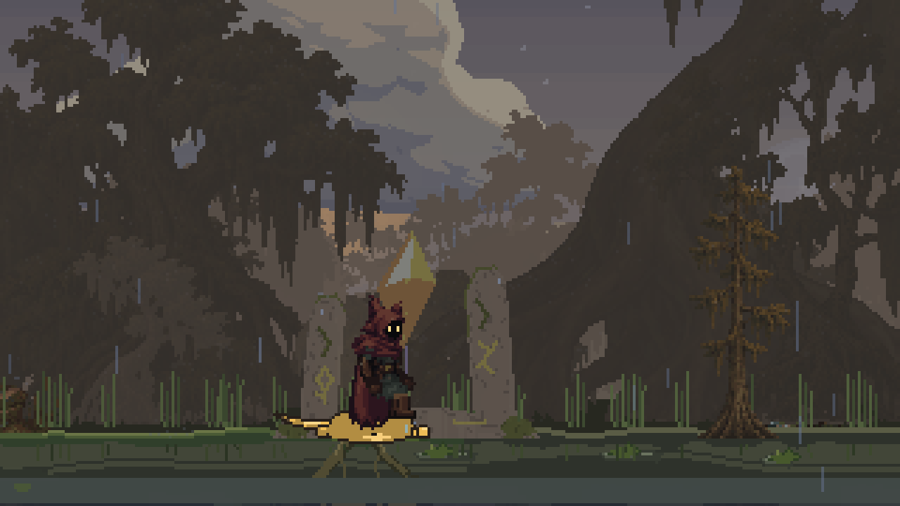 The wanderer rides a golden wisp through a rainy marsh beneath hanging branches.