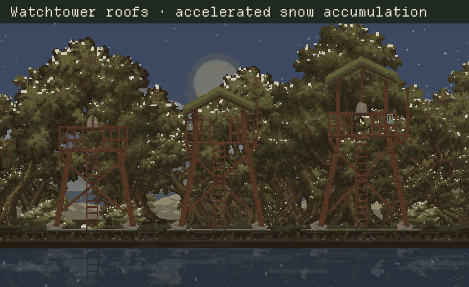Accelerated snow accumulation on the three redrawn settlement watchtower tiers in the native review scene.