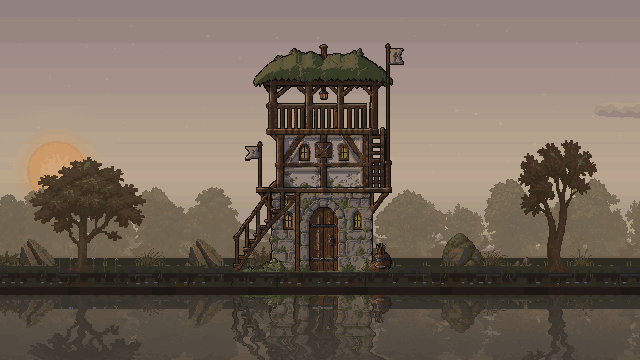 Archer hut, tier three: the completed taller stone-and-timber lookout through a day and night.
