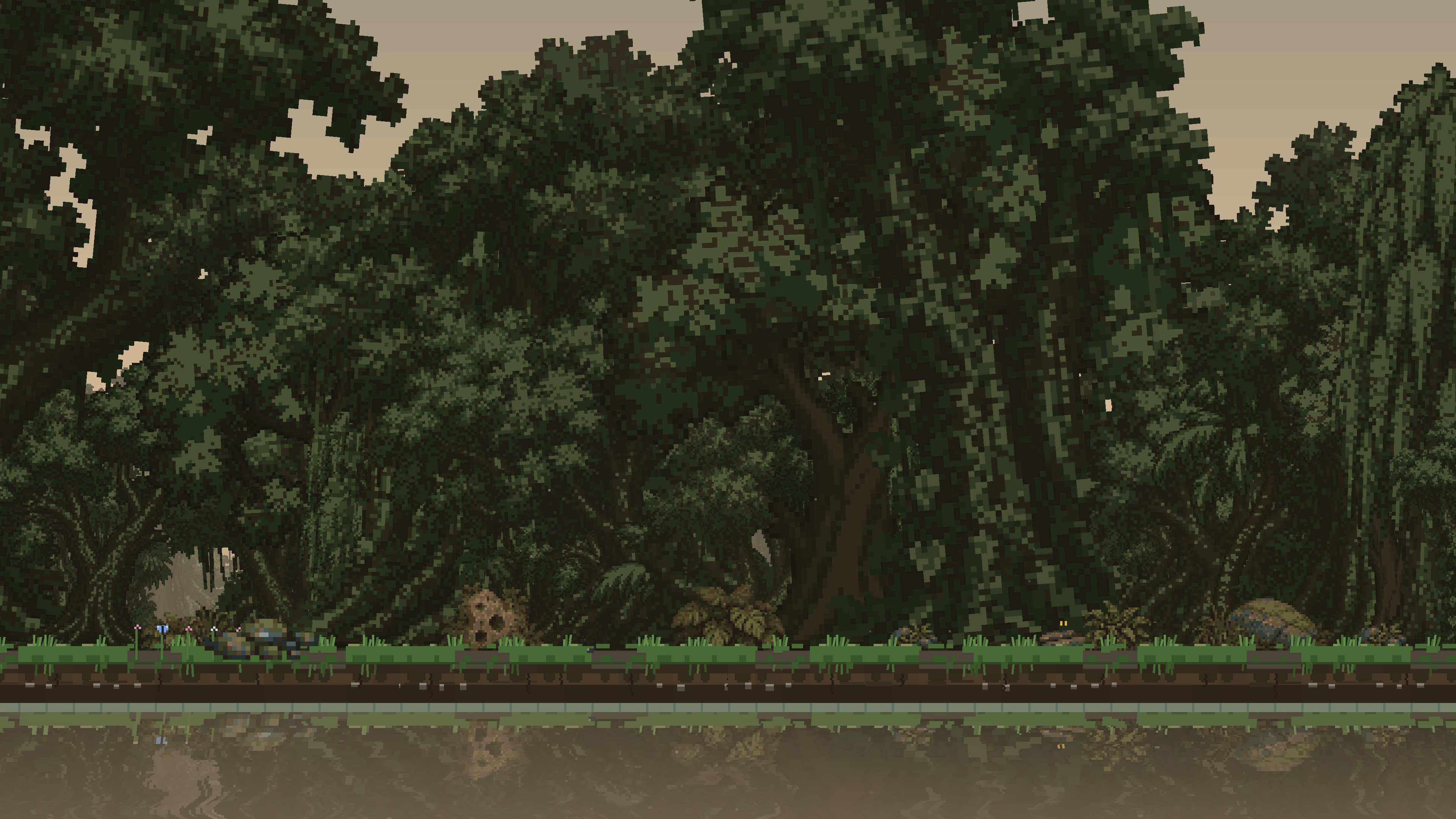 Jungle by day, showing its dense canopy and ground plants.