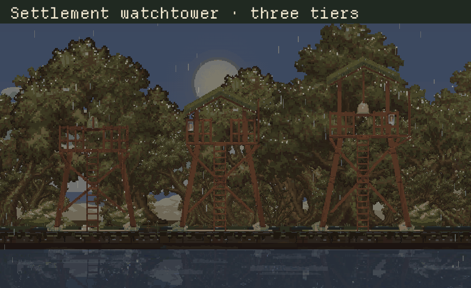 The three settlement watchtower tiers in a rainy woodland review, alternating between day and night.