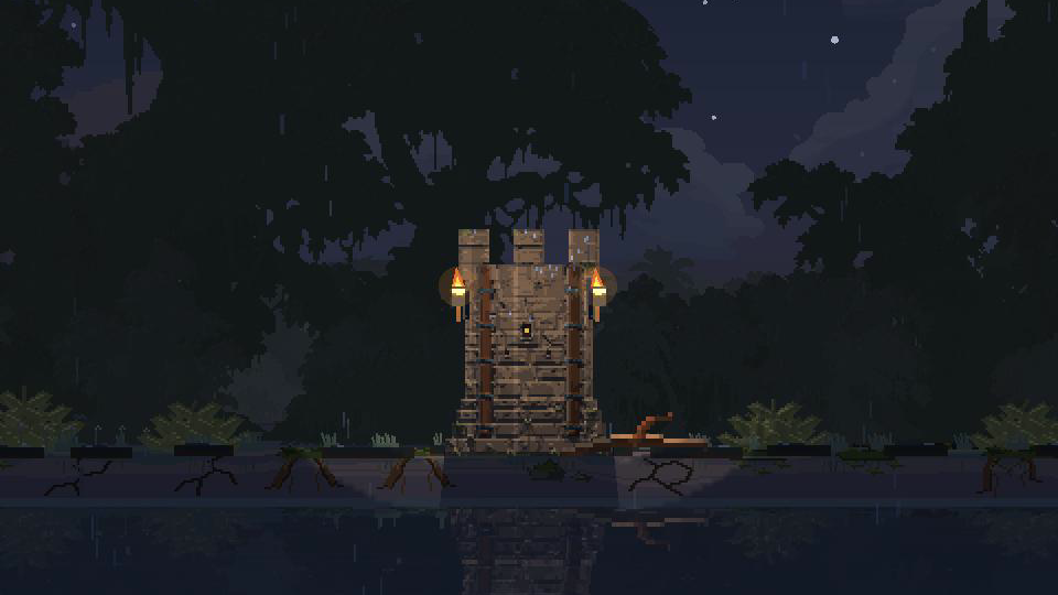 Rain crosses the torchlight beside a Soulforge wall in the jungle.