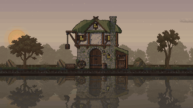 Builder hut, tier three: the completed larger workshop through a day and night.